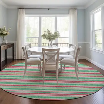 8' Round Green Round Striped Washable Non Skid Indoor Outdoor Area Rug