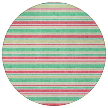 8' Round Green Round Striped Washable Non Skid Indoor Outdoor Area Rug