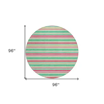 8' Round Green Round Striped Washable Non Skid Indoor Outdoor Area Rug