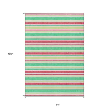 8' X 10' Green Striped Washable Non Skid Indoor Outdoor Area Rug