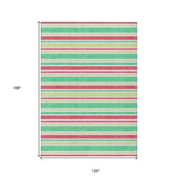 10' X 14' Green Striped Washable Non Skid Indoor Outdoor Area Rug
