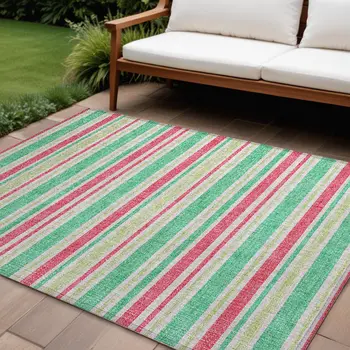 10' X 14' Green Striped Washable Non Skid Indoor Outdoor Area Rug