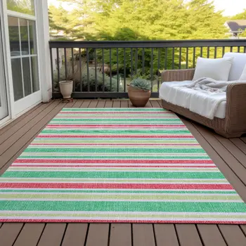 10' X 14' Green Striped Washable Non Skid Indoor Outdoor Area Rug