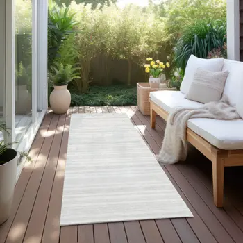 2' X 8' Ivory Striped Washable Indoor Outdoor Runner Rug