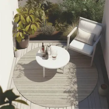 8' X 8' Ivory Round Striped Washable Indoor Outdoor Area Rug