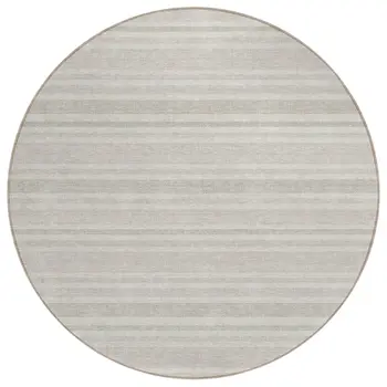 8' X 8' Ivory Round Striped Washable Indoor Outdoor Area Rug