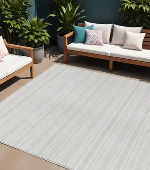 9' X 12' Ivory Striped Washable Indoor Outdoor Area Rug