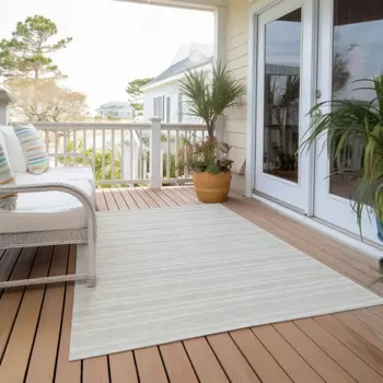 9' X 12' Ivory Striped Washable Indoor Outdoor Area Rug