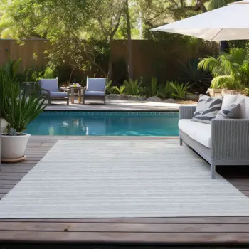 9' X 12' Ivory Striped Washable Indoor Outdoor Area Rug