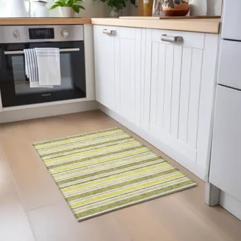 2' X 3' Khaki Yellow and Gray Striped Washable Non Skid Indoor Outdoor Area Rug