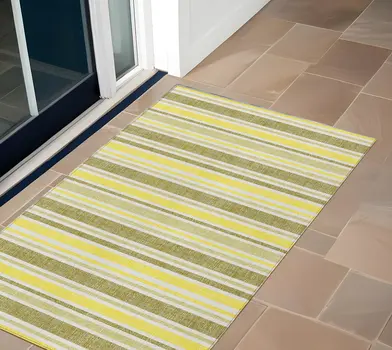 2' X 3' Khaki Yellow and Gray Striped Washable Non Skid Indoor Outdoor Area Rug