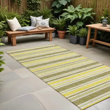 2' X 8' Khaki Yellow and Gray Striped Washable Non Skid Indoor Outdoor Runner Rug