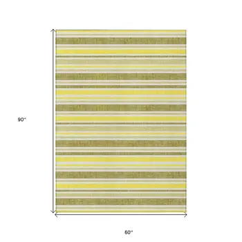 5' X 8' Khaki Yellow and Gray Striped Washable Non Skid Indoor Outdoor Area Rug