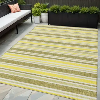 5' X 8' Khaki Yellow and Gray Striped Washable Non Skid Indoor Outdoor Area Rug