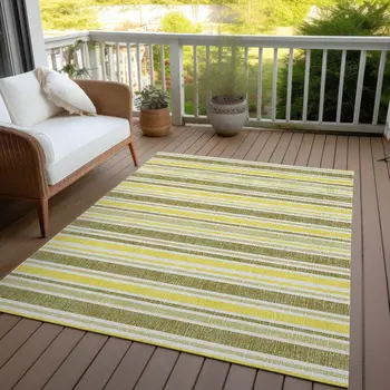 5' X 8' Khaki Yellow and Gray Striped Washable Non Skid Indoor Outdoor Area Rug