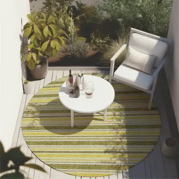 8' X 8' Khaki Yellow and Gray Round Striped Washable Non Skid Indoor Outdoor Area Rug
