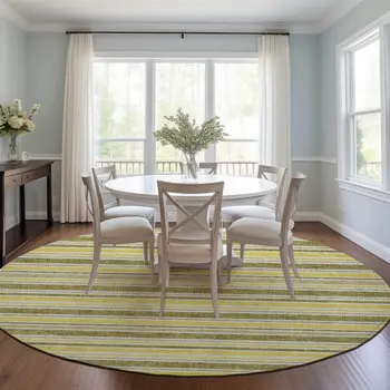 8' X 8' Khaki Yellow and Gray Round Striped Washable Non Skid Indoor Outdoor Area Rug