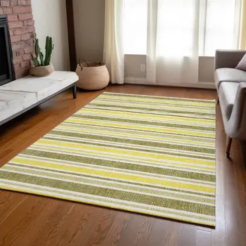 8' X 10' Khaki Yellow and Gray Striped Washable Non Skid Indoor Outdoor Area Rug