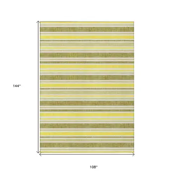 9' X 12' Khaki Yellow and Gray Striped Washable Non Skid Indoor Outdoor Area Rug