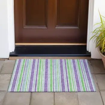 2' X 3' Green Purple and Blue Striped Washable Non Skid Indoor Outdoor Area Rug