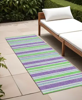 2' X 8' Green Purple and Blue Striped Washable Non Skid Indoor Outdoor Runner Rug