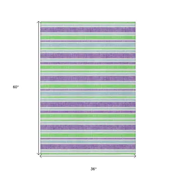 3' X 5' Green Purple and Blue Striped Washable Non Skid Indoor Outdoor Area Rug
