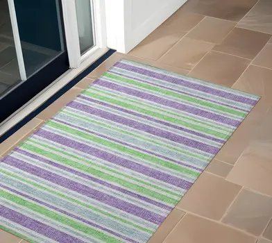 3' X 5' Green Purple and Blue Striped Washable Non Skid Indoor Outdoor Area Rug