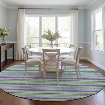 8' X 8' Green Purple and Blue Round Striped Washable Non Skid Indoor Outdoor Area Rug