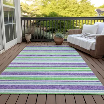 8' X 10' Green Purple and Blue Striped Washable Non Skid Indoor Outdoor Area Rug