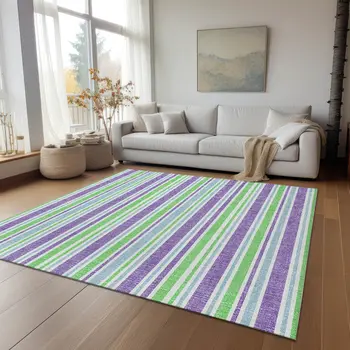 8' X 10' Green Purple and Blue Striped Washable Non Skid Indoor Outdoor Area Rug
