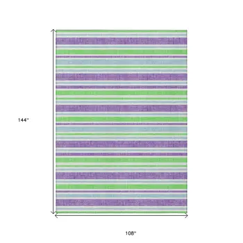 9' X 12' Green Purple and Blue Striped Washable Non Skid Indoor Outdoor Area Rug