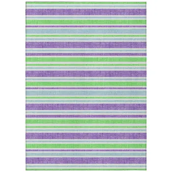 9' X 12' Green Purple and Blue Striped Washable Non Skid Indoor Outdoor Area Rug