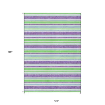 10' X 14' Green Purple and Blue Striped Washable Non Skid Indoor Outdoor Area Rug