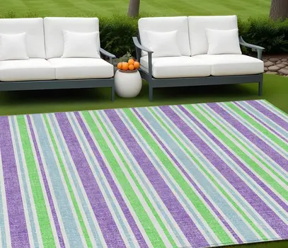 10' X 14' Green Purple and Blue Striped Washable Non Skid Indoor Outdoor Area Rug
