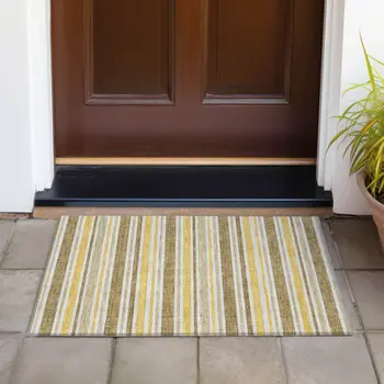 2' X 3' Brown and Orange Striped Washable Indoor Outdoor Area Rug