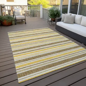 5' X 8' Brown and Orange Striped Washable Indoor Outdoor Area Rug
