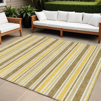 8' X 10' Brown and Orange Striped Washable Non Skid Indoor Outdoor Area Rug