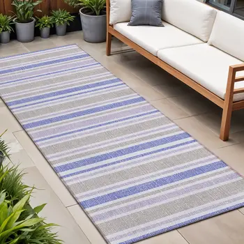8' Navy Blue Striped Washable Indoor Outdoor Runner Rug