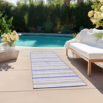 8' Navy Blue Striped Washable Indoor Outdoor Runner Rug