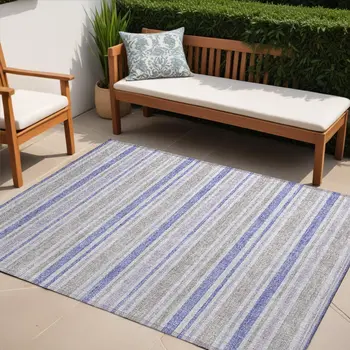 5' X 8' Ivory Blue And Gray Striped Washable Indoor Outdoor Area Rug
