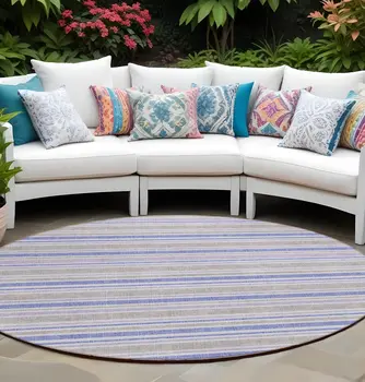 8' Ivory Blue And Gray Round Striped Washable Indoor Outdoor Area Rug