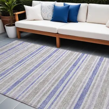9' X 12' Ivory Blue And Gray Striped Washable Indoor Outdoor Area Rug