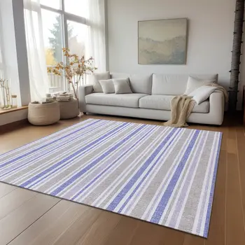 9' X 12' Ivory Blue And Gray Striped Washable Indoor Outdoor Area Rug