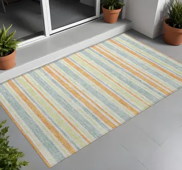 2' X 3' Orange Green and Blue Striped Washable Non Skid Indoor Outdoor Area Rug