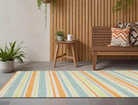 2' X 8' Orange Green and Blue Striped Washable Non Skid Indoor Outdoor Area Rug