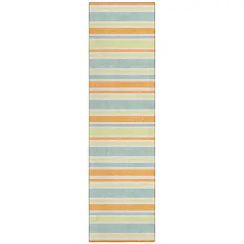 2' X 8' Orange Green and Blue Striped Washable Non Skid Indoor Outdoor Area Rug