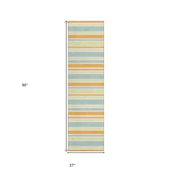 2' X 8' Orange Green and Blue Striped Washable Non Skid Indoor Outdoor Area Rug