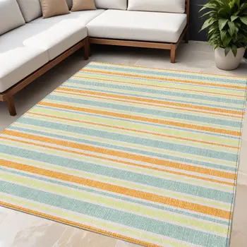 5' X 8' Orange Striped Washable Non Skid Indoor Outdoor Area Rug