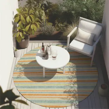 8' Round Orange Round Striped Washable Non Skid Indoor Outdoor Area Rug