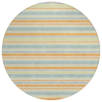 8' Round Orange Round Striped Washable Non Skid Indoor Outdoor Area Rug